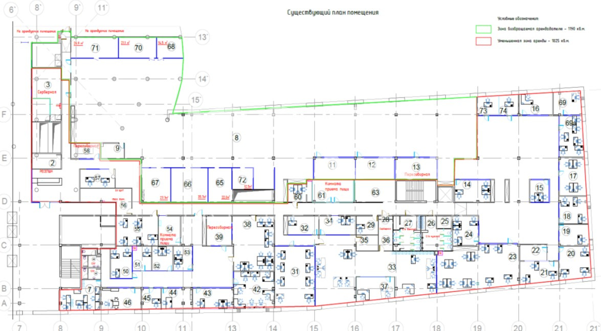 Планировка офиса 1825 м², 3 этаж, Бизнес-центр «Омега Плаза»